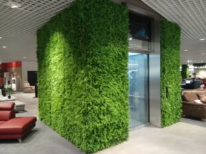 Kunstpflanzwand Juniperus - Farn-Hecke - Aufzug Einrichtungshaus